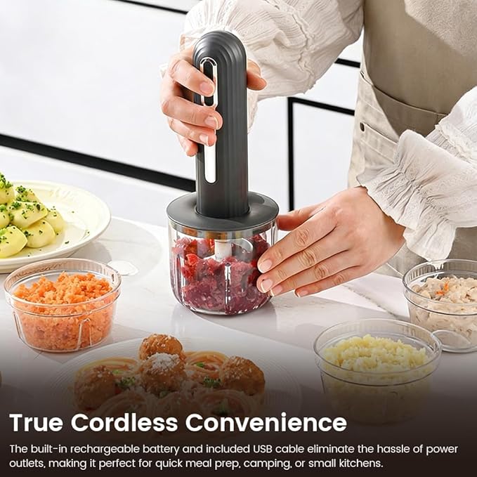 Wireless Electric Food Processor, 4-Cup Portable Food Chopper for Vegetables Meat Garlic, USB Rechargeable Mini Blender with Stainless Steel Blades