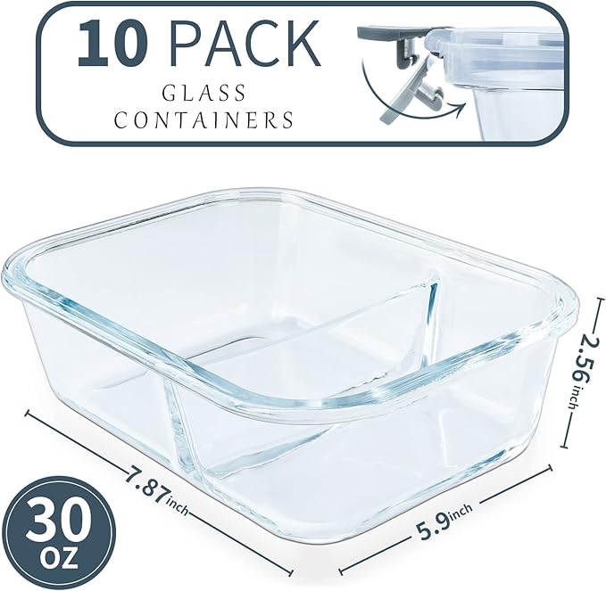 KOMUEE 10 Pack Glass Storage Containers 1 Compartment and 10 Pack Glass Meal Prep Container 2 Compartments