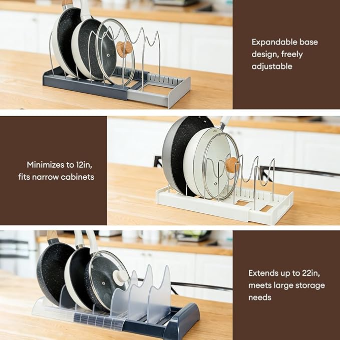 Adjustable Pot and Pan Organizer for Cabinet, Expandable 12"-22" Pan Lid Rack with 7 Stainless Steel Dividers, ABS White Kitchen Cabinet Organizer for Pots, Lids, Cutting Boards