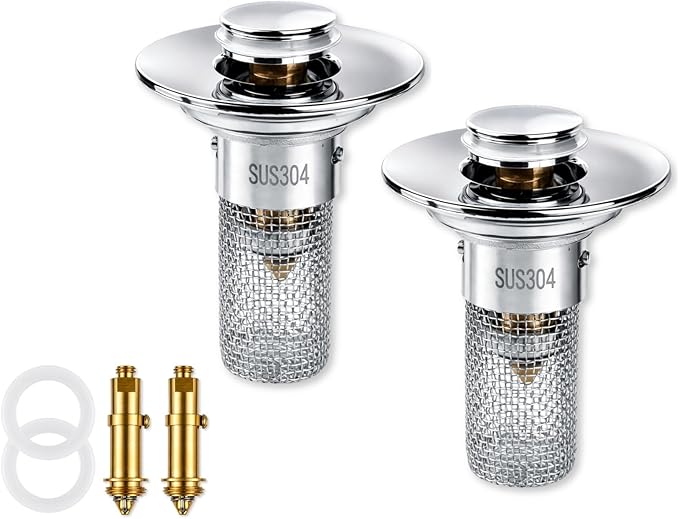 2Pcs Bathroom Sink Drain Strainer, 304 Stainless Steel Drain Filter, Pop Up Bathroom Sink Drain with Hair Catcher Fits 1 1/4" to 1 1/2" US Bathroom Sink Stopper Replacement
