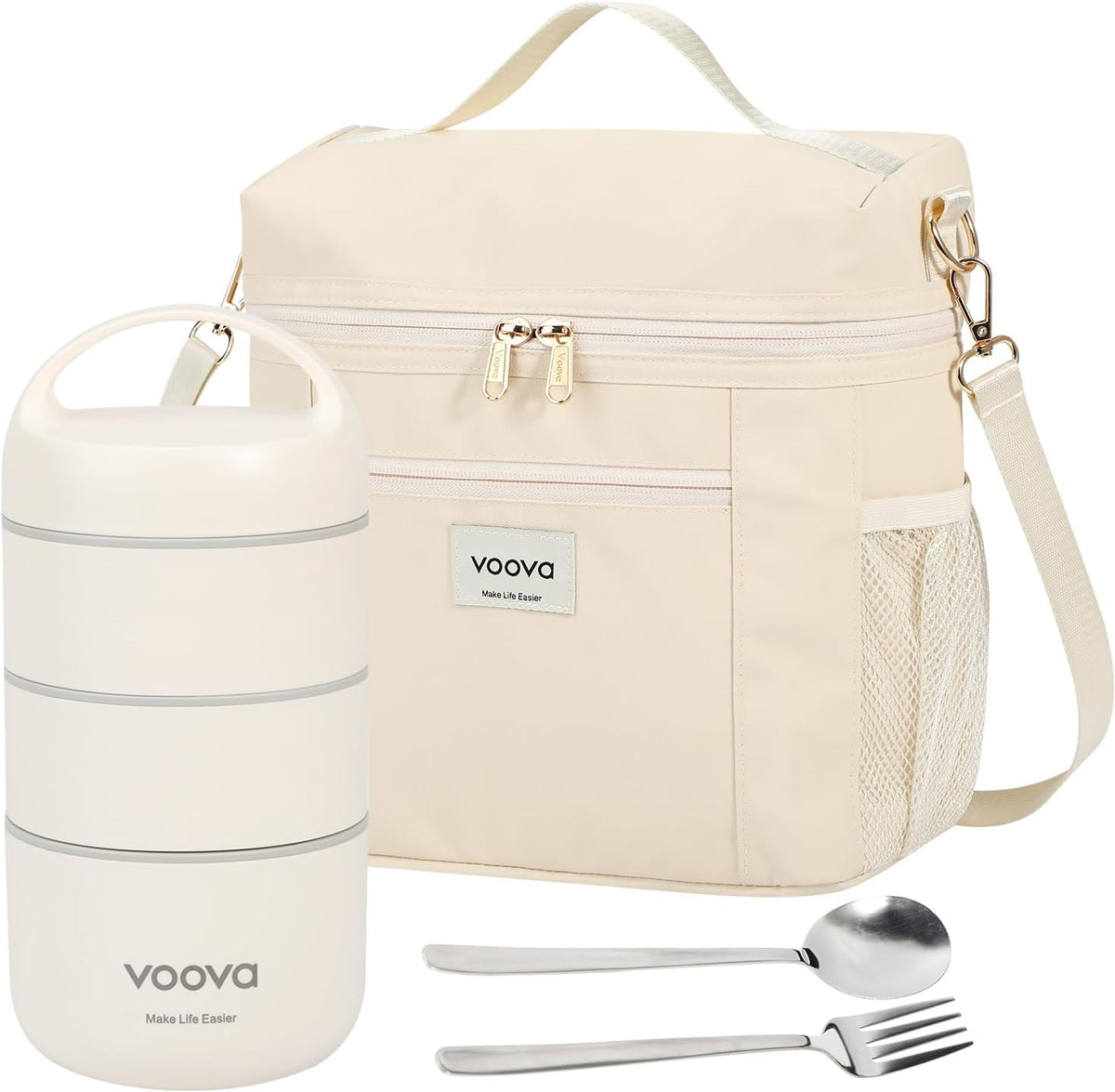 Stackable Stainless Steel Thermal Lunch Box with Lunch Bag and Cultery Set for Adult Women Men, 3 Tier Leakproof & Microwave Safe Insulated Bento Boxes Food Container for Work, Beige