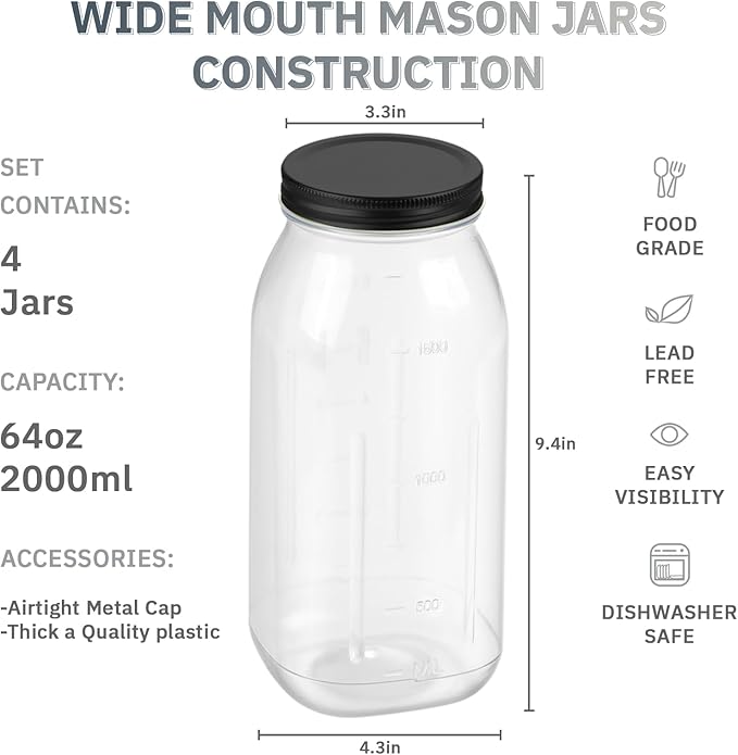 novelinks 64 oz Large Plastic Mason Jars with Airtight Lids, 4 Pack Big Jars Wide Mouth and Plastic Storage Containers for Pantry, Pickle, Sauce, Sugar (4 Pack,Black)