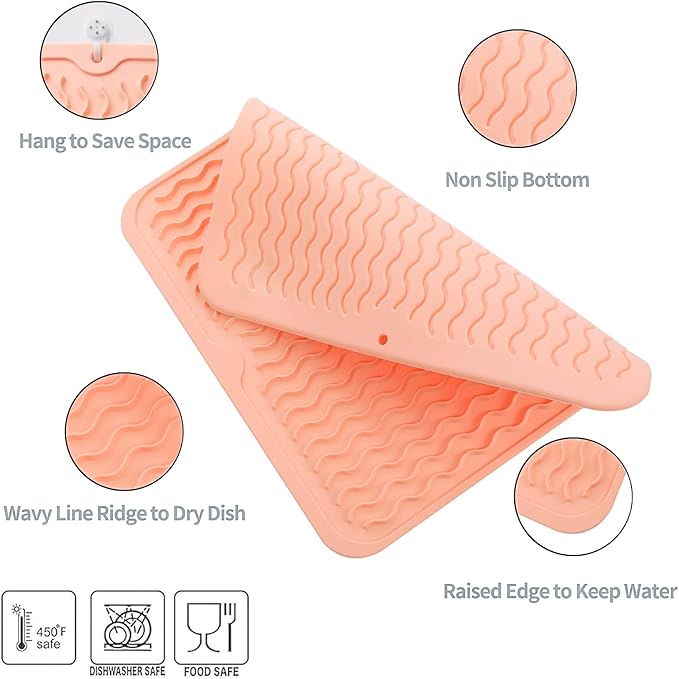 MicoYang Silicone Dish Drying Mat for Multiple Usage,Easy clean,Eco-friendly,Heat-resistant Silicone Mat for Kitchen Counter or Sink,Refrigerator or Drawer liner Pink M 12 inches x 12 inches