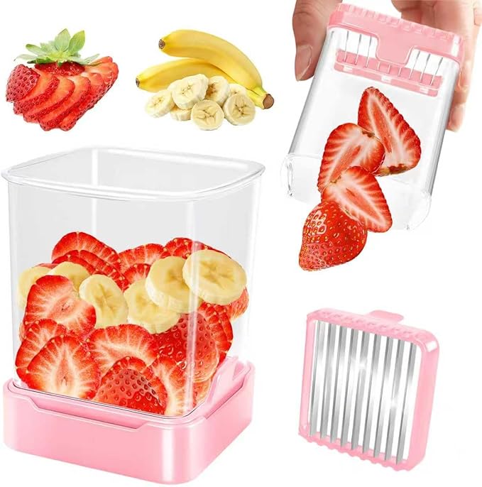3-in-1 Strawberry Banana & Egg Slicer Cup | Detachable Fruit Cutter with Push Plate for Effortlessly Safe Slicing | Quick Meal Prep & Snacks Kitchen Gadget (Pink)