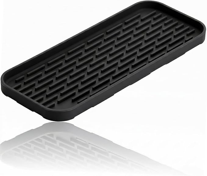 Silicone Organizer Tray, Soap and Sponge Holder for Kitchen Sink, Bathroom - Storage Tray for Dish Brush, Soap Dispenser, Dishwashing Accessories-(Black 1 Pack, 12"x4.7")