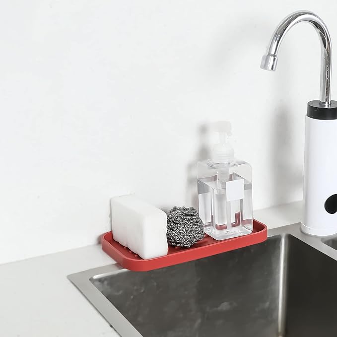 MicoYang Silicone Kitchen Sink Organizer Tray for Multiple Usage,Eco-Friendly Sponges Holder for Kitchen Bathroom Counter or Sink,Dish Soap Dispenser,Scrubber,Bottle,Cup (Red, 10"×5.3")