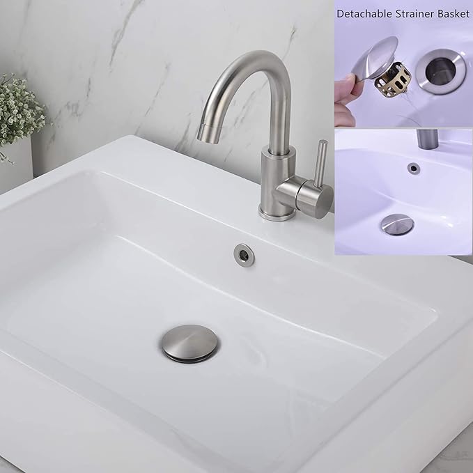 Rockgoya Bathroom Sink Drain,5 Pack Drain Stopper Bathroom Sink Without Overflow,Pop Up Drain Assembly with Detachable Strainer Basket,Built-in Anti-Clogging Strainer,Stainless Steel Brushed Nickel