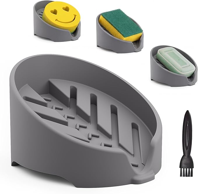 NiHome Silicone Sponge Holder Compatible with Scrub Daddy Mommy Sponges for Kitchen & Bathroom, Auto Draining Organizer Holds Multiple Sponges & Cleaning Tools, Food-Grade, Dishwasher Safe (Dark Gray)