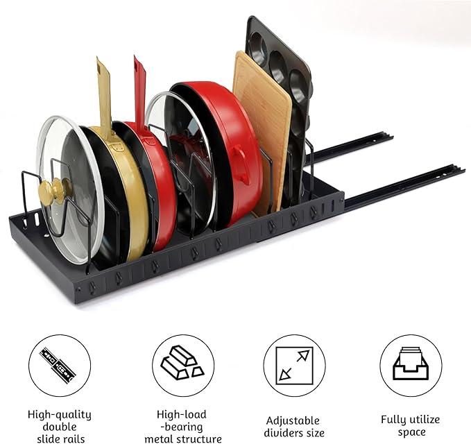 XIAPIA 2 Pack Pull Out Pots and Pans Organizer Under Kitchen Cabinet, Pot Lid Organizers, Slide Out Cookware Storage Rack with 8 Adjustable Dividers, Pull Out Shelves for Dishware Seasoning, Black