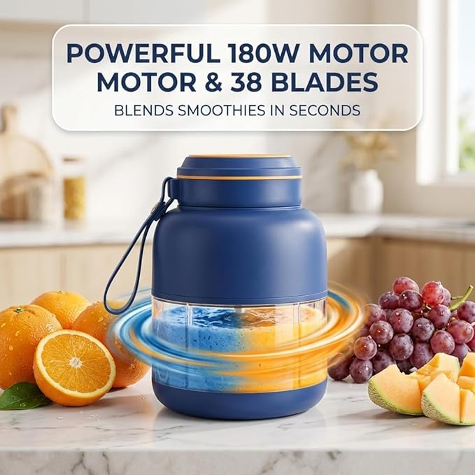 Portable Wireless Juicer Cup, 28/45Oz 180W 38 Blades USB Rechargeable Blender, Dual Lid Leakproof Compact Travel Juicer Cup for Shakes Fruits Vegetables Office Outdoor (Blue-1300ml)