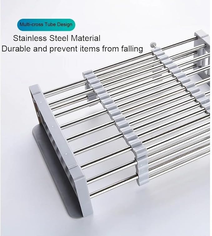 Adjustable Dish Drying Rack with Stainless Steel Drain Basket Over-The-Sink - Portable & Telescopic Space-Saving Solution for Fruit Vegetable