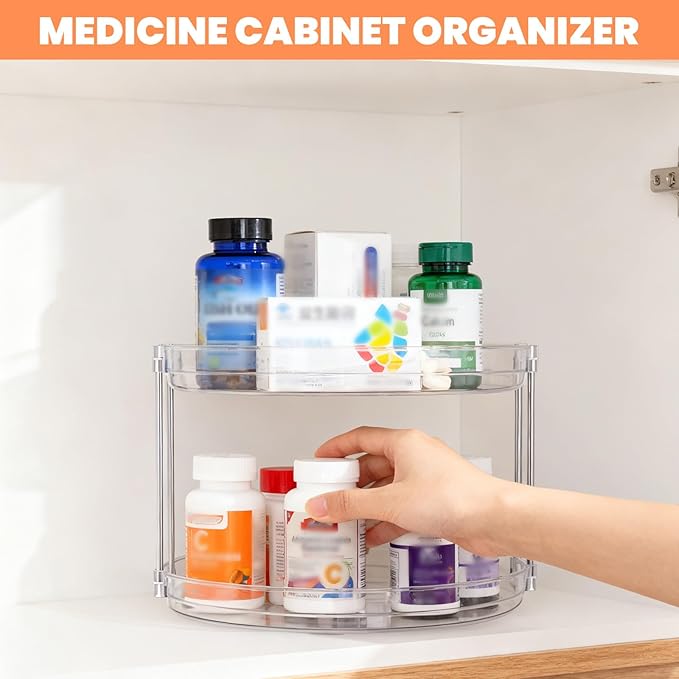 3 Pack 2 Tier Turntable Organizer, 9.6 Inch Clear Rotating Spice Rack for Cabinet, Kitchen, Pantry & Bathroom Countertop, Stackable Rotating Organizer for Medicine, Makeup & Condiments