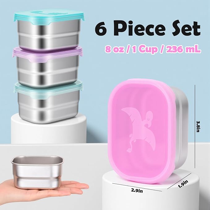 Tanjiae 6-Pack 8oz Small (1 CUP) Stainless Steel Snack Containers - 230mL Leakproof Food Containers with LFGB Certified Lids, Stackable Metal Snack Box for Home, Work, Travel