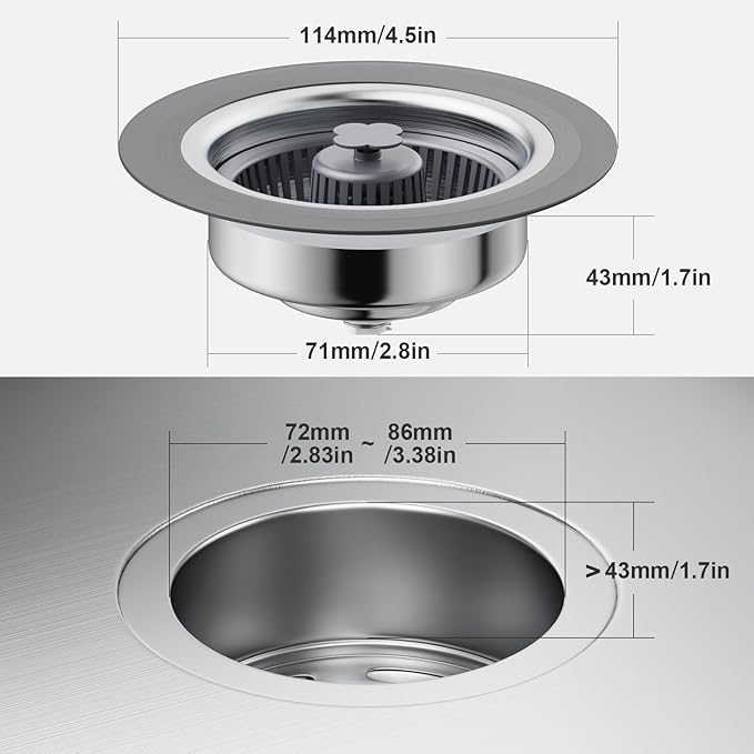3 in 1 Kitchen Sink Drain Strainer and Stopper, 304 Stainless Steel Pop-up Anti-Clogging Basket Strainer, Fast Drainage Kitchen Sink Plug for Standard 3-1/2" Drain Hole