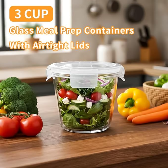 H.JSS WDJS 24 Oz Round Glass Food Storage Container set, 3 Cup Round Glass Soup Container with Airtight Lids BPA free, Borosilicate Storage Bowls, Dishwasher Microwave Freezer Safe (2 Pack)