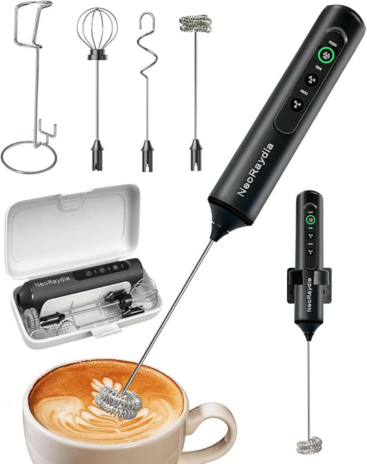 Rechargeable Handheld Milk Frother Wand, 3-Speed Preventing Splashing Electric Drink Mixer with Box, 10-Second Frothing for Coffee, Matcha, Latte, Cappuccino, and Protein Shakes, Black