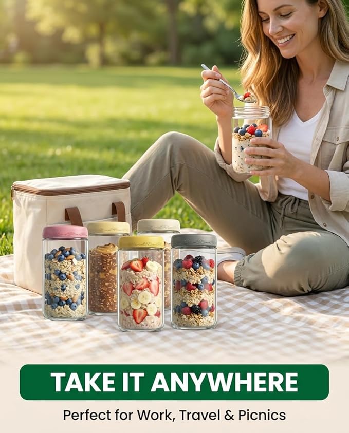 24oz 4Pack Glass Overnight Oats Jars Containers with Airtight Leakproof Lids, Reusable Mason Jars for Meal Prep, Yogurt Parfaits, Smoothies, Salads & Healthy Breakfasts (24 OZ-4-2)
