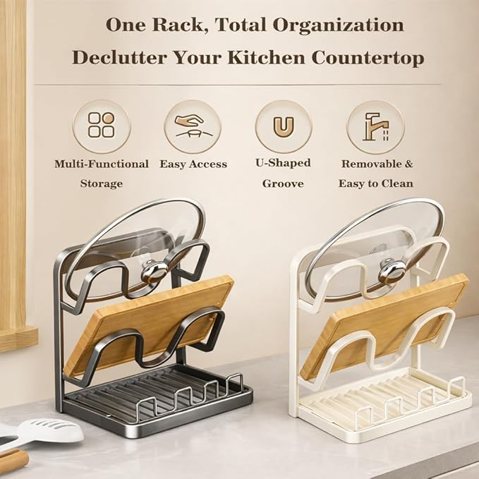 NUOREEL Kitchen Pot Lid Organizer, Extra-Wide Kitchen Pot Lid Storage Rack for Bigger Lids, Heavy-Duty Carbon Steel Frame with Reinforced ABS Base, Fits 30–32cm Lid (White)