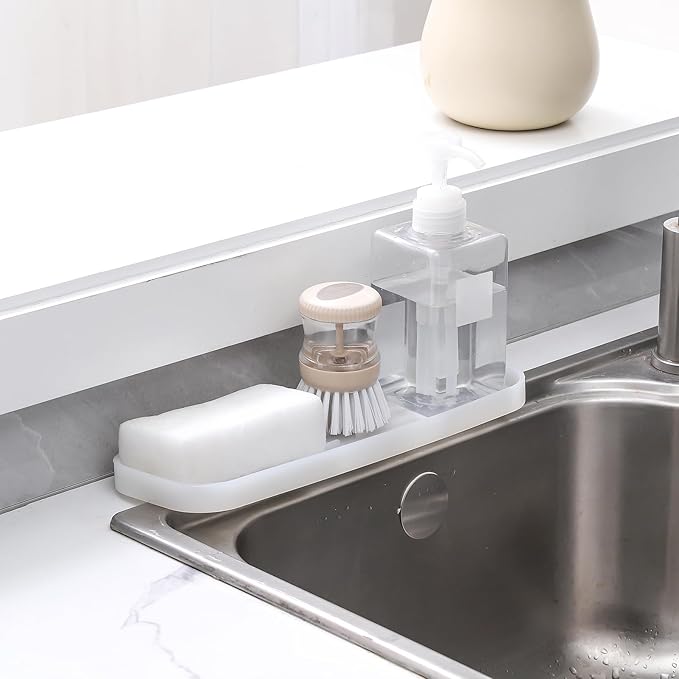 MicoYang Silicone Kitchen Sink Organizer Tray for Multiple Usage,Easy Clean Sponges Holder for Kitchen Bathroom Counter or Sink,Dish Soap Dispenser,Scrubber,Bottle,Cup Translucent 12" x 4”