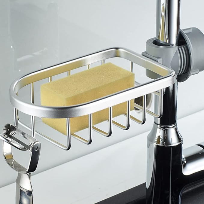 Kitchen Faucet Sponge Holder Sink Caddy Organizer Over Faucet Hanging Faucet Drain Rack for Sink Organizer (Silver-Normal)