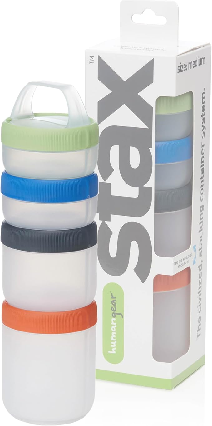 humangear STAX, Stackable Snack Containers - 4-Piece Leak-Proof Snack Travel System - FDA-Food Safe, BPA/PC/Phthalate-Free - Stackable & Click-Together Food Storage, Medium