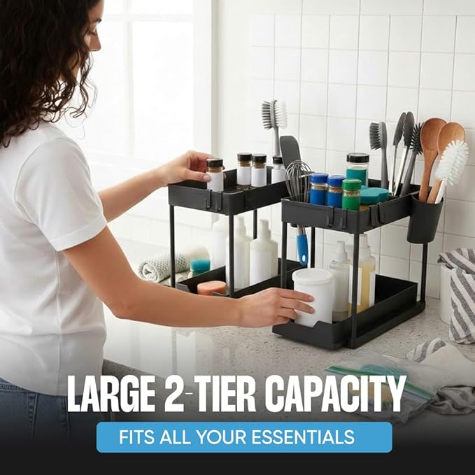 Undersink Organizer, 2-Tier Under Sink Storage Rack with Sliding Drawers for Kitchen Bathroom Cabinets, Pull Out Organizer for Pantry, Laundry Room & Closet Organization - 2 Pack, Black