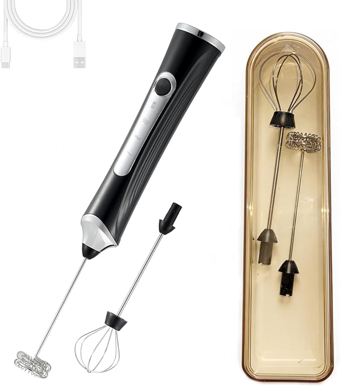 Handheld Electric Milk Frother with 2 Heads, Coffee Whisk Foam Mixer with USB Rechargeable 3 Speeds, Foam Maker Blender for Latte, Cappuccino, Hot Chocolate, Egg (Black with 2Head+Box)