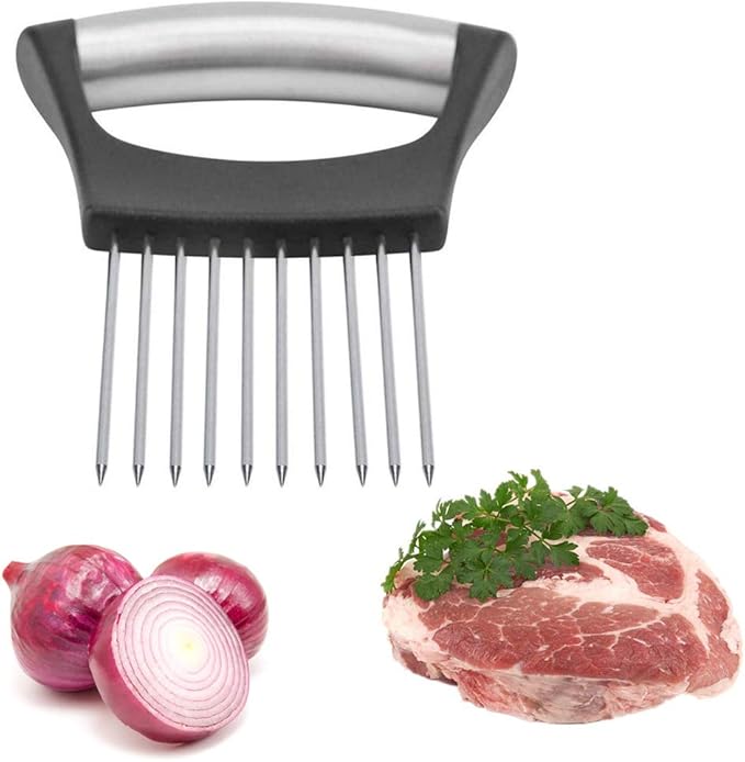 Stainless Steel Onion Holder, Fruits Veg Meat Tomato Cutter, Slicer Peeler Chopper with 10 Prongs Handy, Kitchen Gadgets Safety Cooking Tools