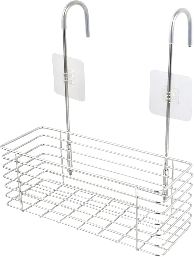 Antrader Hanging Shower Rack,Shower Caddy Hanging,Hung on the Faucet or the Door,the Back Hook Can be Rotated,No Drilling,304 Stainless Steel,Single Layer Shelf