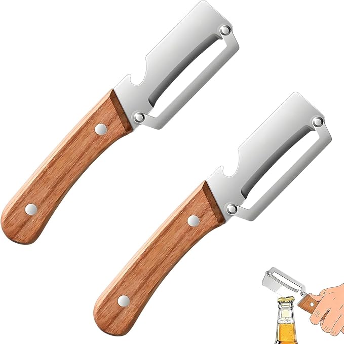 2 in 1 Multi Functional Vegetable Peeler for Kitchen，Vegetable Peeler with Wooden Handle and Bottle Opener, Stainless Steel Blade Kitchen Tool for Fruit Apple Carrot Potato Pumpkin Papaya(2PCS)