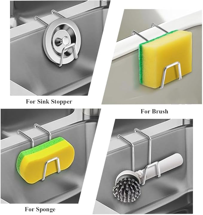 4 Pcs Sponge Holder for Kitchen Sink Movable Hanging Sponge Caddy Organizer Stainless Steel Multipurpose Double Bowl Sink for Brush Quick Drying Dish Sponge Holde