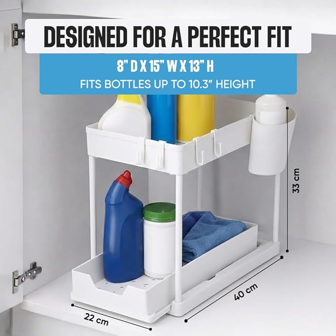 Undersink Organizer, 2-Tier Under Sink Storage Rack with Sliding Drawers for Kitchen Bathroom Cabinets, Pull Out Organizer for Pantry, Laundry Room & Closet Organization - 1 Pack, White
