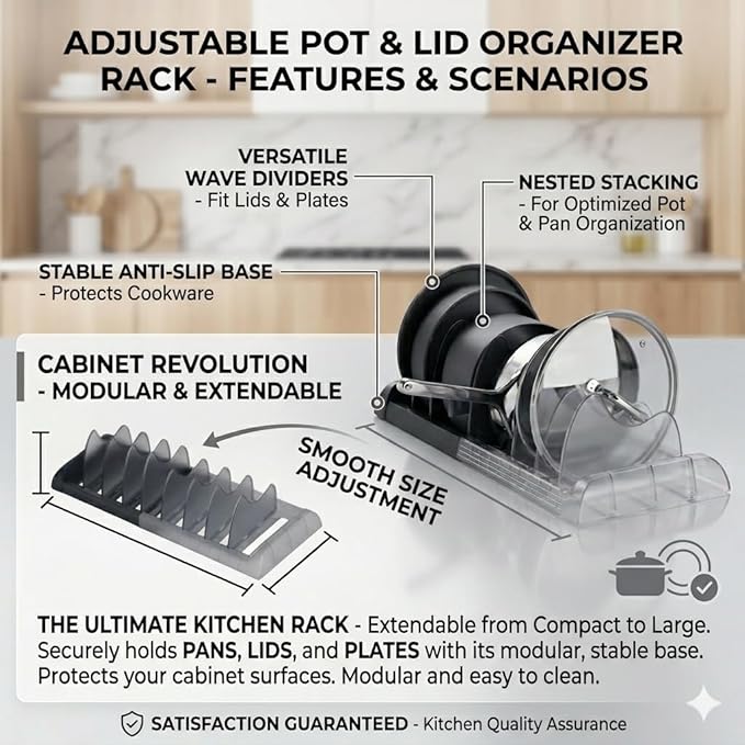 OMIO Pot Lid Organizer for Cabinet, A-560 Heavy Duty ABS Pan Rack Adjustable 9.8-22.8 inch with 8 Removable Dividers, Under Sink Storage for Cookware, Cutting Board, Dark Gray
