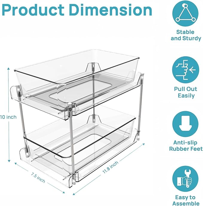 2 Pack Bathroom Organizers and Storage,2-Tier Clear Under Sink and Pull-Out Cabinet Organizer with Track for Kitchen, Pantry,Vanity Countertop,Medicine Cabinet,Closet Drawers Bins