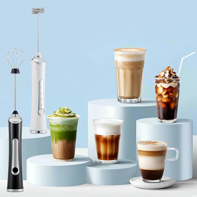 Handheld Electric Milk Frother with 2 Heads, Coffee Whisk Foam Mixer with USB Rechargeable 3 Speeds, Foam Maker Blender for Latte, Cappuccino, Hot Chocolate, Egg (Black with 2Head+Box)