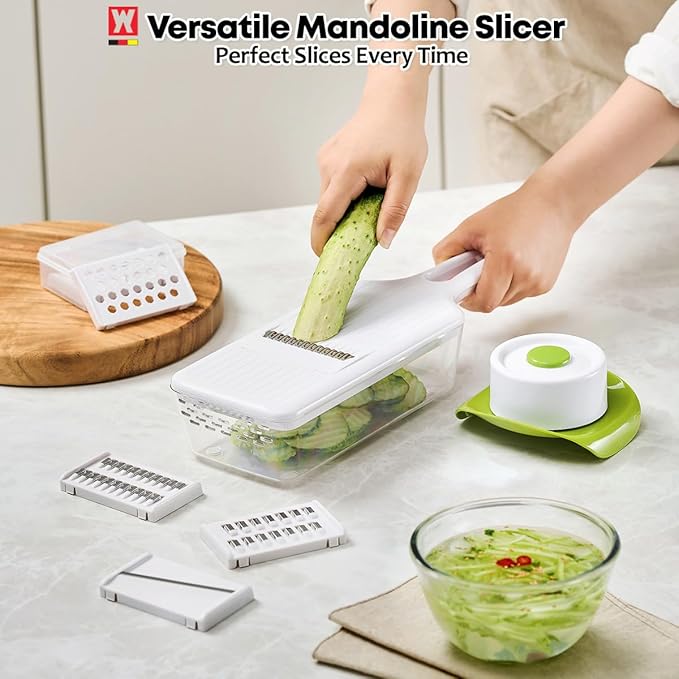 WAGENSTEIGER Stainless Steel Mandoline Slicer - Adjustable Multi-Blade Vegetable & Food Chopper with 6 Interchangeable Blades, Safe Hand Guard, Non-Slip Base & Catch Tray – Julienne Slicer