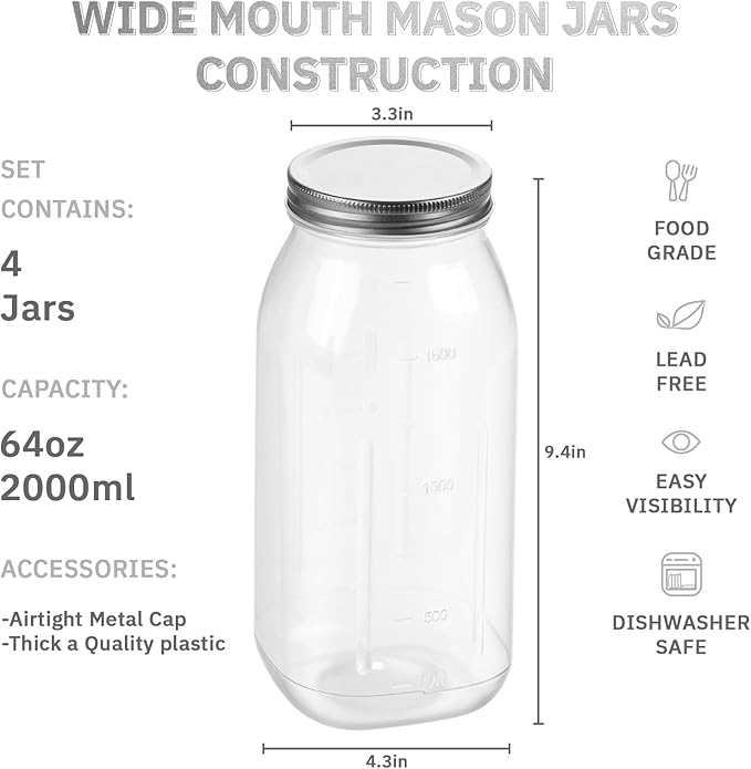 novelinks 64 oz Large Plastic Mason Jars with Airtight Lids, 4 Pack Big Jars Wide Mouth and Plastic Storage Containers for Pantry, Pickle, Sauce, Sugar (4 Pack,Silver)