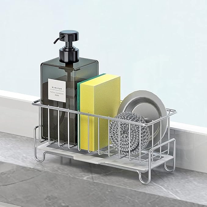 Kitchen Sink Caddy Organizer, Sponge Holder with Drain Pan, 304 Stainless Steel, for Sponges, Soap, Kitchen, Bathroom, Silver