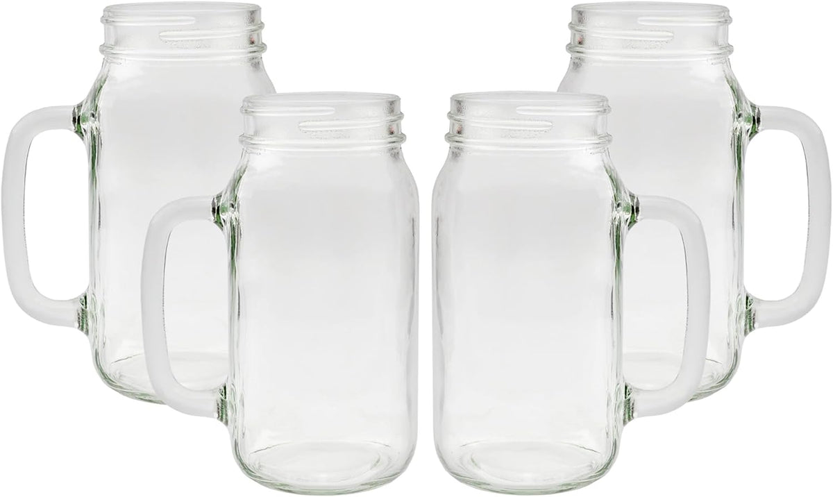 Mason Jar Mugs with Handles (24oz, Clear, 4-Pack); Glass Drinking Glasses for Cold Beverages, Decoration, Storage, Party Favors, Cocktails, Floats