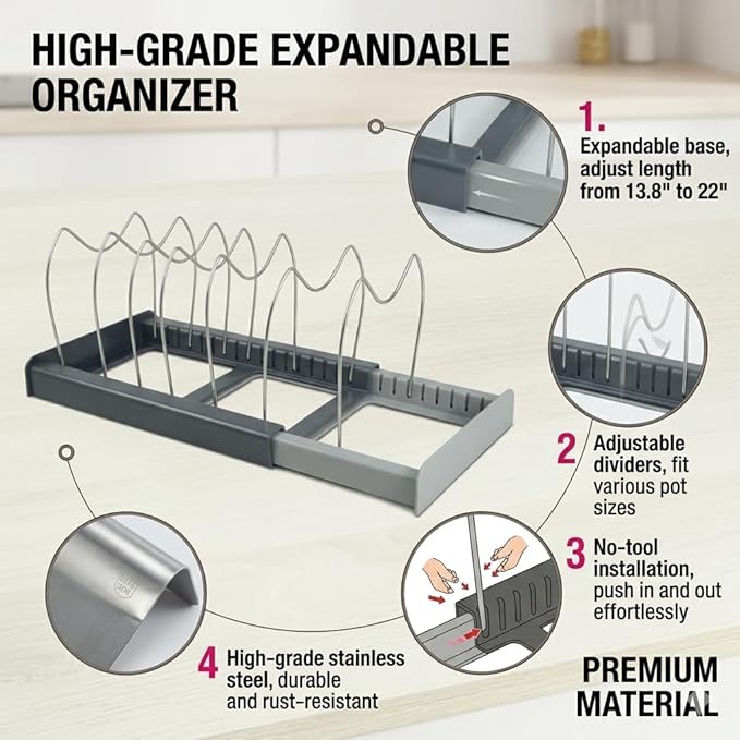 OMIO Expandable Pot Lid Organizer Rack for Under Cabinet, Adjustable 12"-22" Kitchen Storage with 7 Steel Dividers, Scratch-Resistant ABS Base for Pans, Cutting Boards, Bakeware, Grey