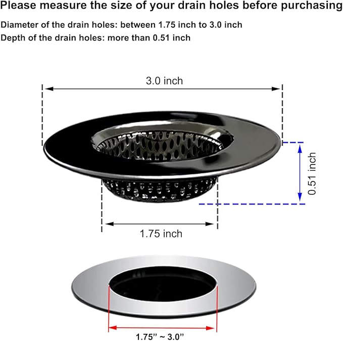 Seatery 1.75" Bathtub Drain Strainers, Shower Drain Hair Catchers, Stainless Steel Drain Filter Cover for Bathroom Laundry Floor Drain, Fit for 1.75"-3.0" Drain Hole Black