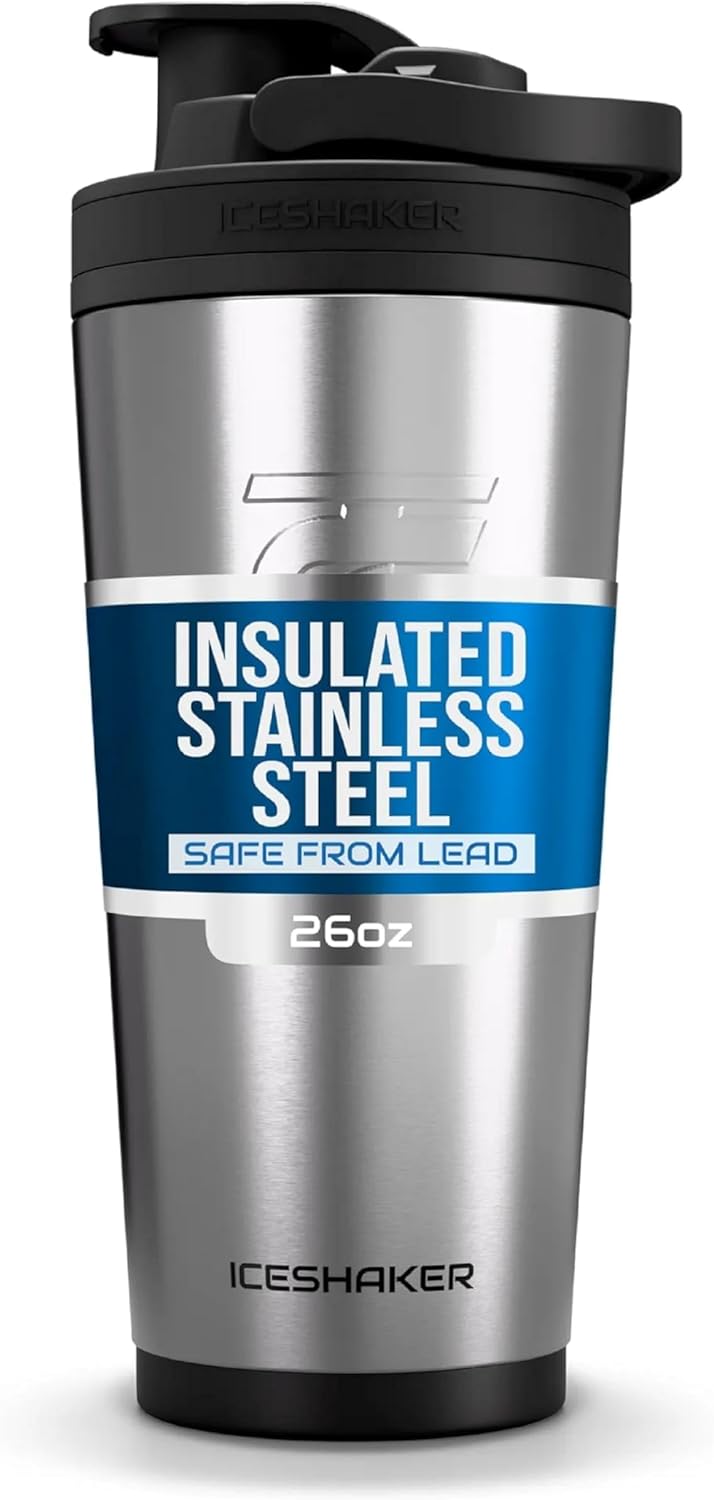 Insulated Stainless Steel Shaker Bottle | 26oz, Stainless Steel | Cold for 30+ Hours | Insulated Cup with Twist-on Agitator | Odor-Free Bottle for Protein Shakes, Water, Cocktails