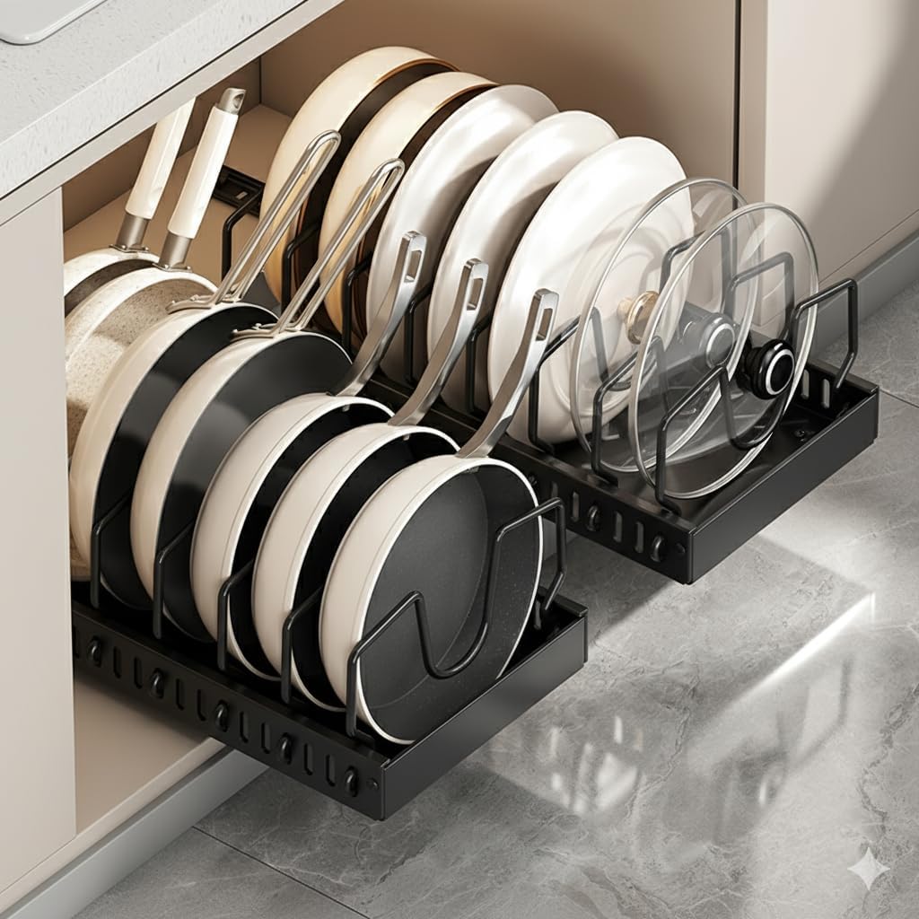 Pots and pans organizer under cabinet,pot lid organizers inside cabinet holders for kitchen,Horizontal and vertical pulling modes,cast iron storage (Black Vertical pull-out)