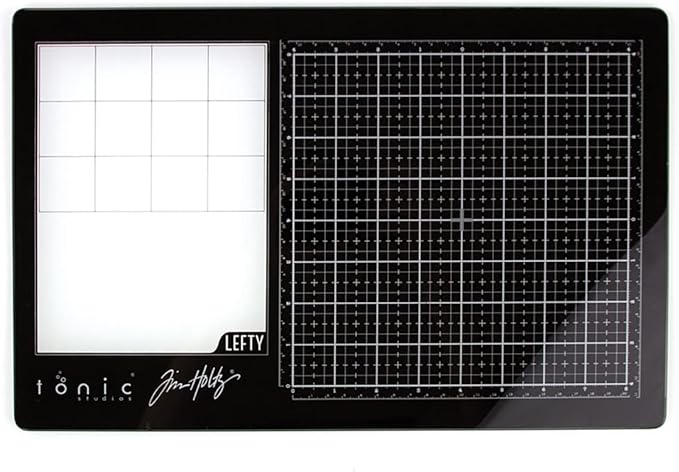 Tim Holtz Travel Glass Cutting Mat - Left Handed Portable Work Surface with 8x8 Measuring Grid and Palette for Mixed Media - Art Supplies with Carry Case