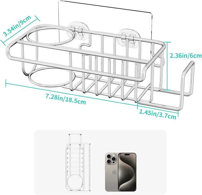 HapiRm 4 in 1 Sink Caddy Sponge Holder, SUS304 Stainless Steel Kitchen Brush Holder and Dish Cloth Hanger, Kitchen Organizers and Storage Essentials - Silver