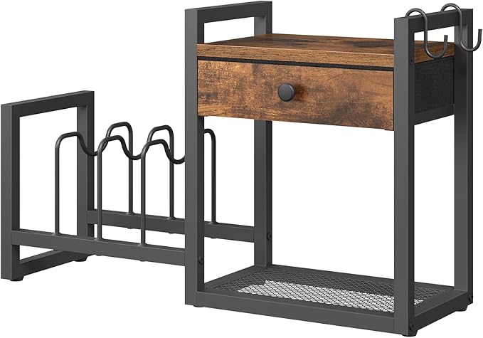 MAHANCRIS Countertop Shelf Organizer, Pots and Pans Organizer Rack, Pot Lid Holder with 1 Drawer, Pot Lid Organizer Holder with 2 Hooks, for Kitchen, Dining Room, Rustic Brown POHR2201