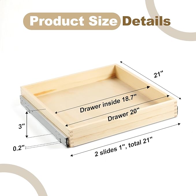 20" Pull Out Cabinet Drawer (Fits 21" Cabinet Opening), Wood Slide Out Cabinet Shelf Organizer with Ball Bearing Slides, Clear Lacquer Finish, Heavy Duty Kitchen Cabinet Pull Out Shelves