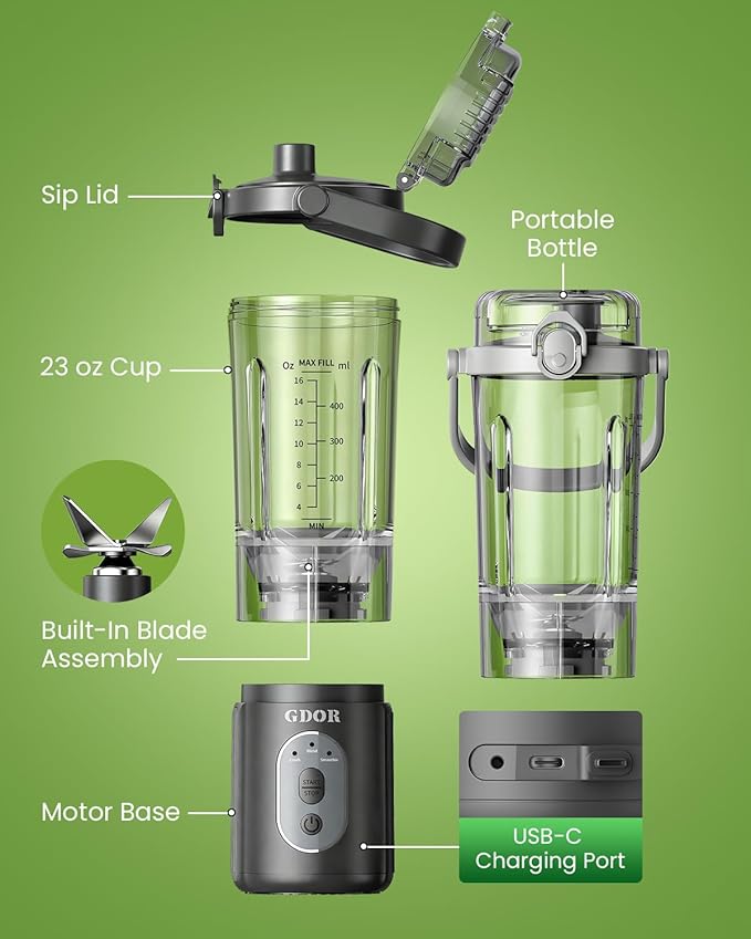 GDOR Cordless Portable Blender for Shakes and Smoothies, Personal Blender with Detachable Base and Twist-and-Go Cup, 3 Auto Programs, 2x23 oz Cups, USB-C Rechargeable, Dishwasher Safe, BPA-Free