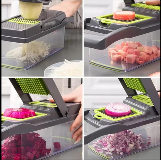 Pro Multifunctional Vegetable Chopper - 16 in 1 Food Chopper With 8 Blades, Slicer, Dicer, Cutter for Onions, Carrots, Garlic - Container Included