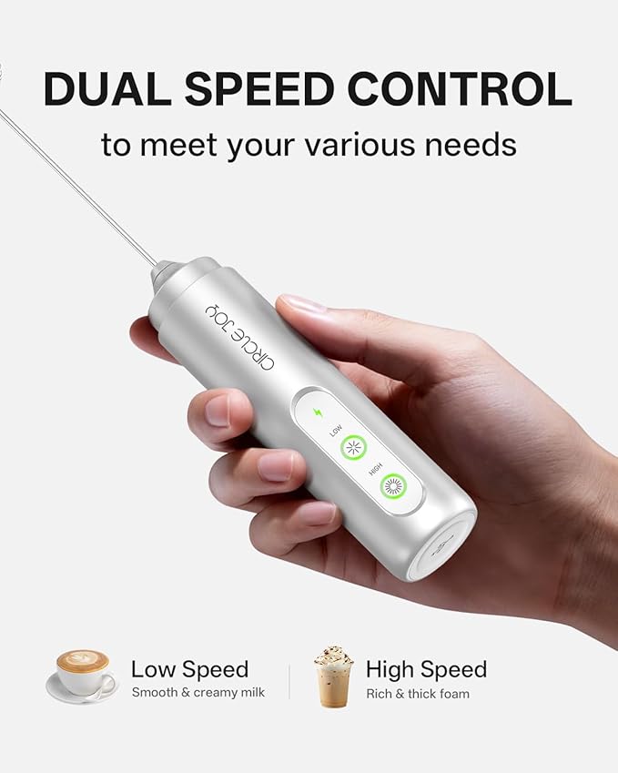 CIRCLE JOY Rechargeable 2-Speed Milk Frother with Dual Spring Whisker, Electric Coffee Frother Handheld, Portable Mixer Wand for Protein Powder Matcha Lattes Cappuccino, Home Kitchen Gifts